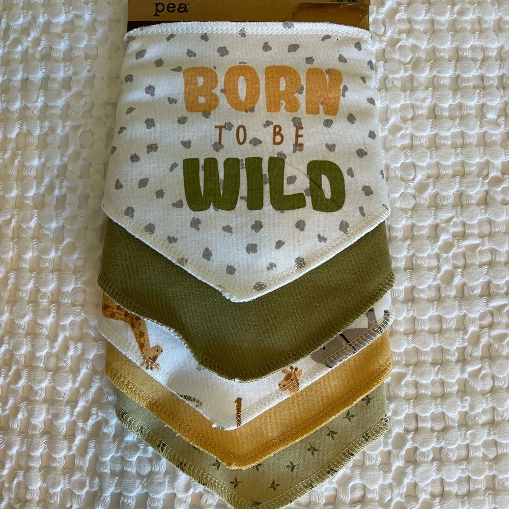 chick pea Olive, Mustard & Cream 'Born to Be Wild' Baby Bandana 5 Bibs Set NWT